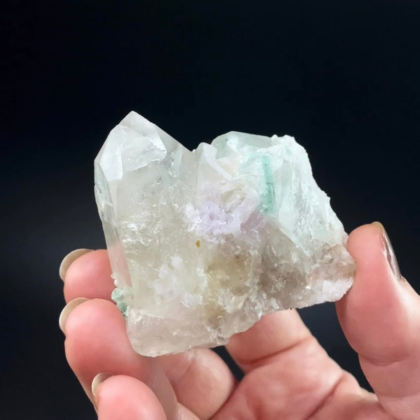 Green Tourmaline Crystals with Lepidolite on a Clear Quartz Cluster