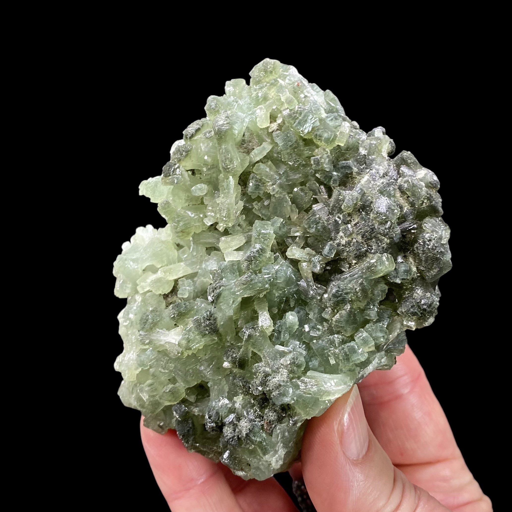 Deep Green Prehnite Cluster with Fine Needle Crystals