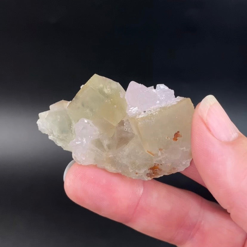 Pale Yellow Green Cubic Fluorite Cluster with Amethyst from El Hammam Mine, Morocco