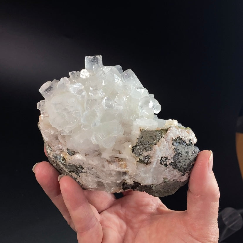 Clear Apophyllite Crystals with Peach Stilbite & Okenite on Basalt Matrix