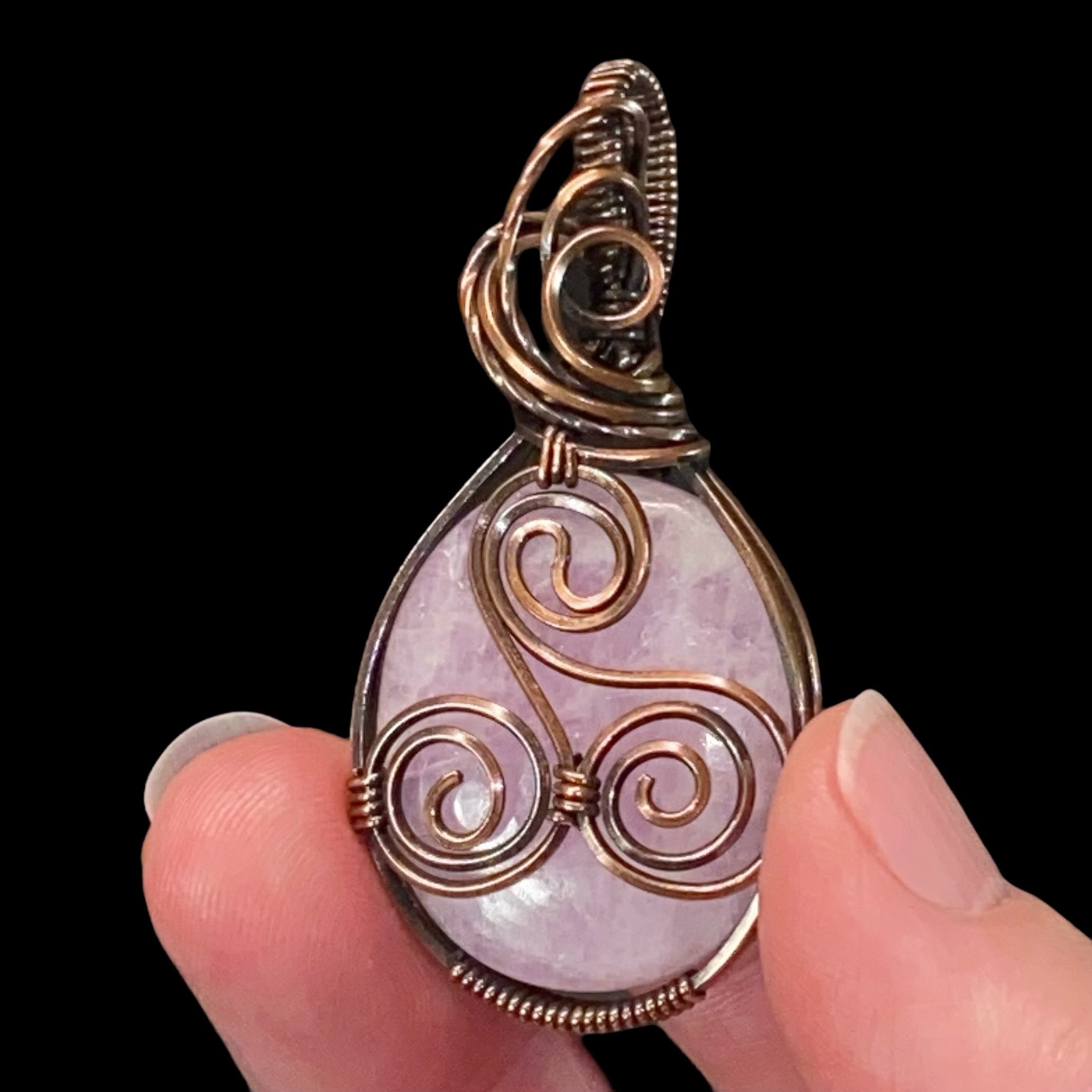 Kunzite with Triskelion, Triskele & Copper Wire Wrapped Pendant