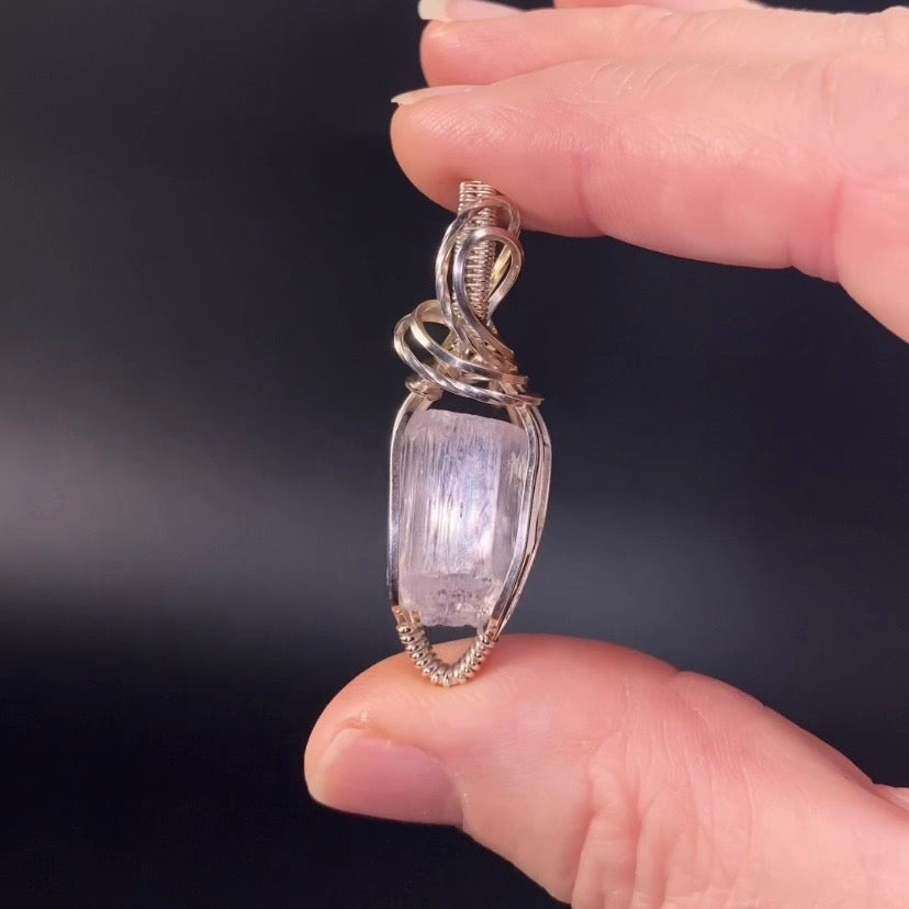 Pink Spodumene Kunzite & Sterling Silver Wire Wrapped Pendant - Fluorescent