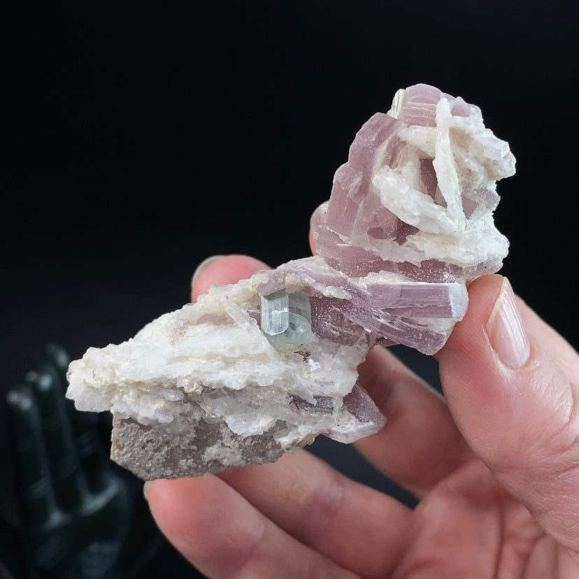 Blue Green Fluorescent Apatite Crystal with Lepidolite Mica and Clevelandite