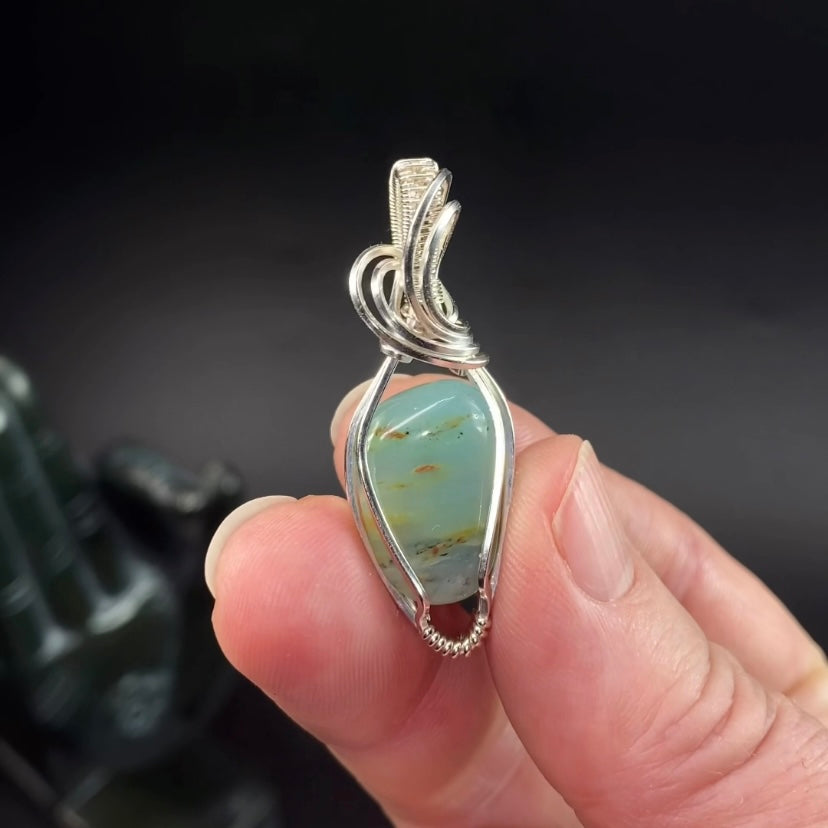 Peruvian Blue Andean Opal & Sterling Silver Wire Wrapped Pendant