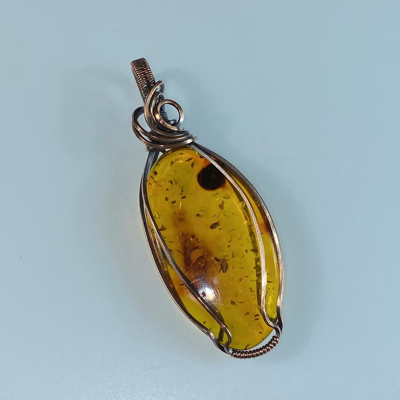 Amber and Copper Wire Wrapped Pendant