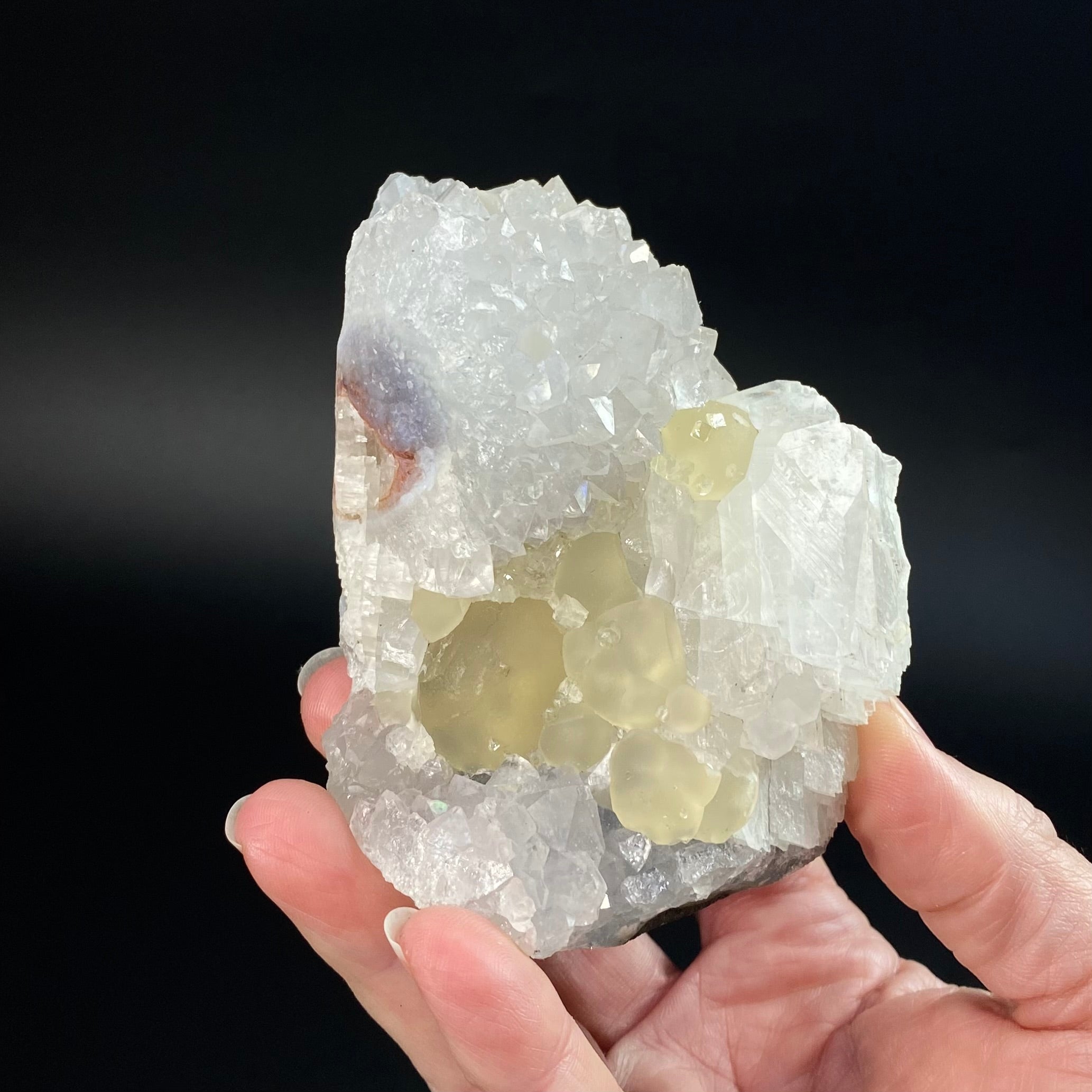 Botryoidal Yellow Fluorite & Calcite on Quartz, Mahodari, Nashik District, Maharashtra, India