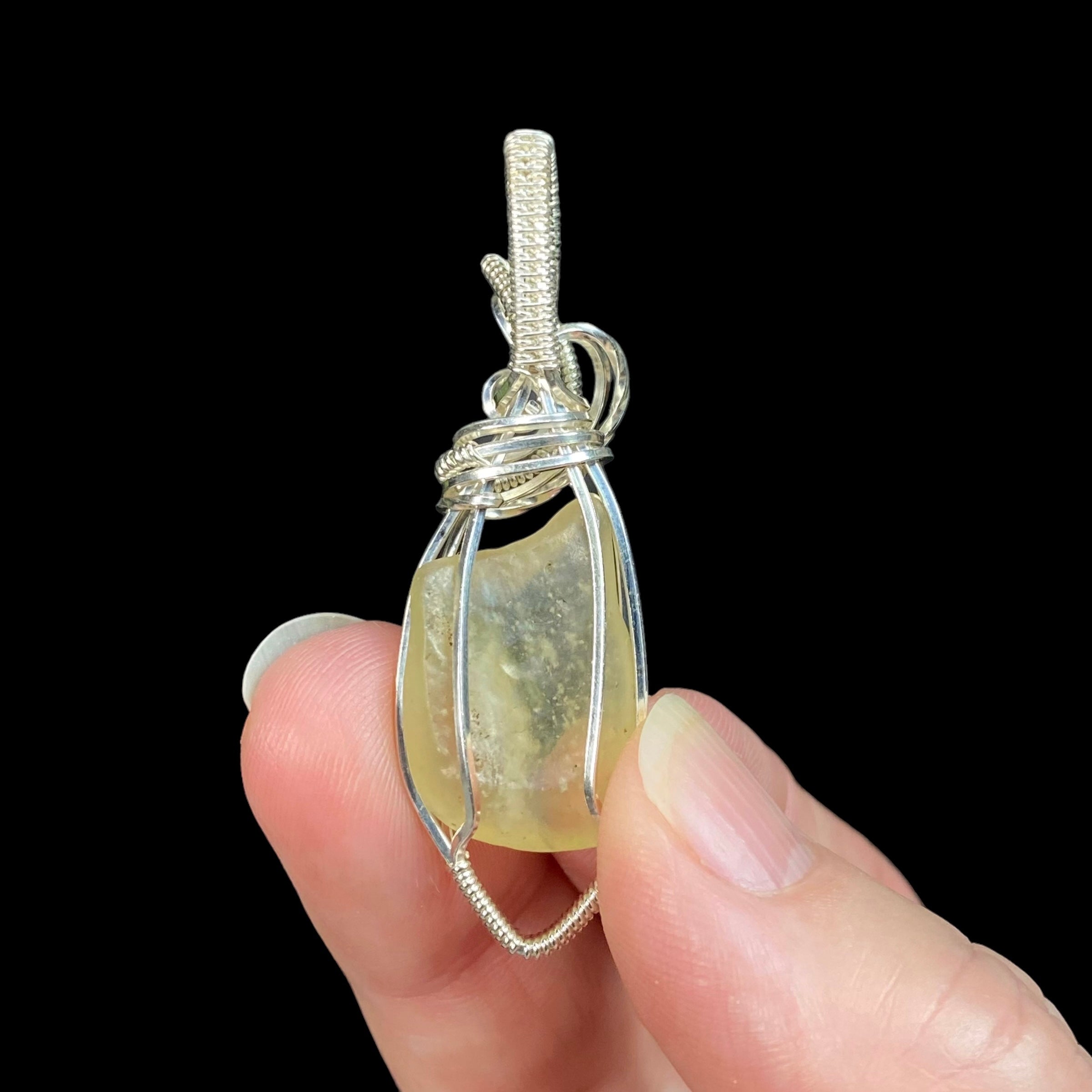 Libyan Desert Glass and Sterling Silver Wire Wrapped Pendant