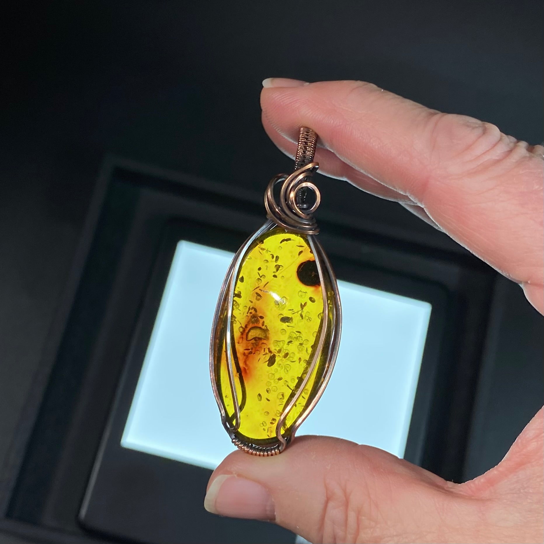 Amber and Copper Wire Wrapped Pendant