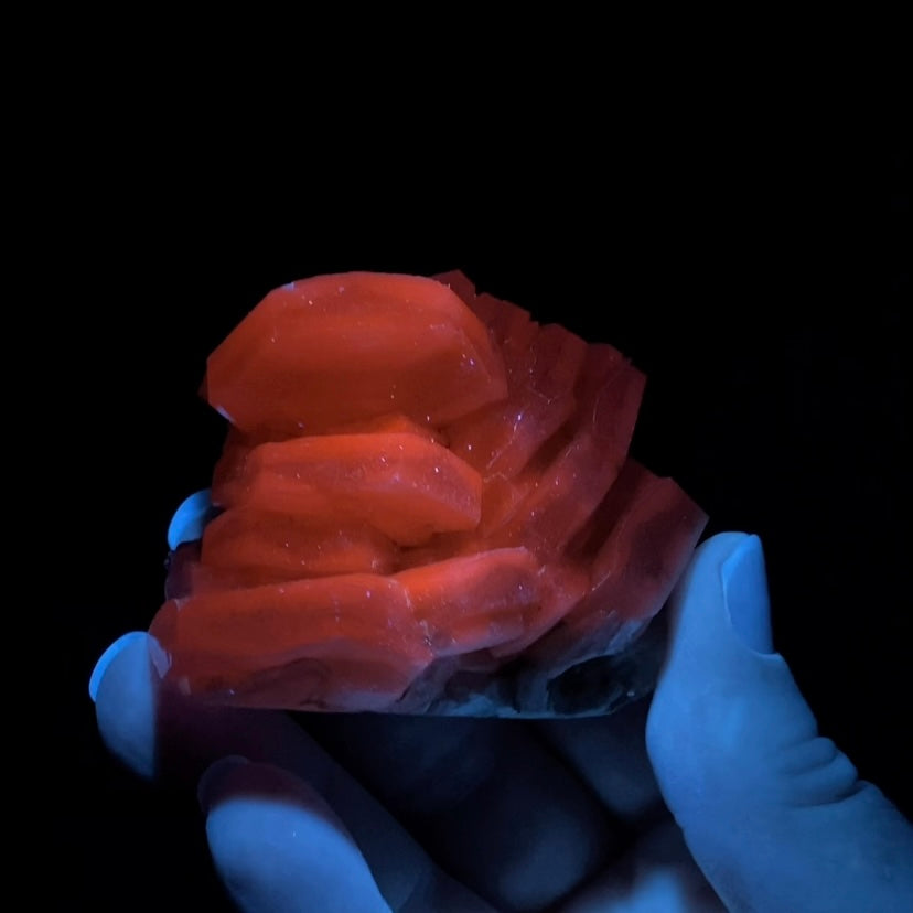 Fluorescent Hexagonal Sandwich Calcite Crystal Cluster