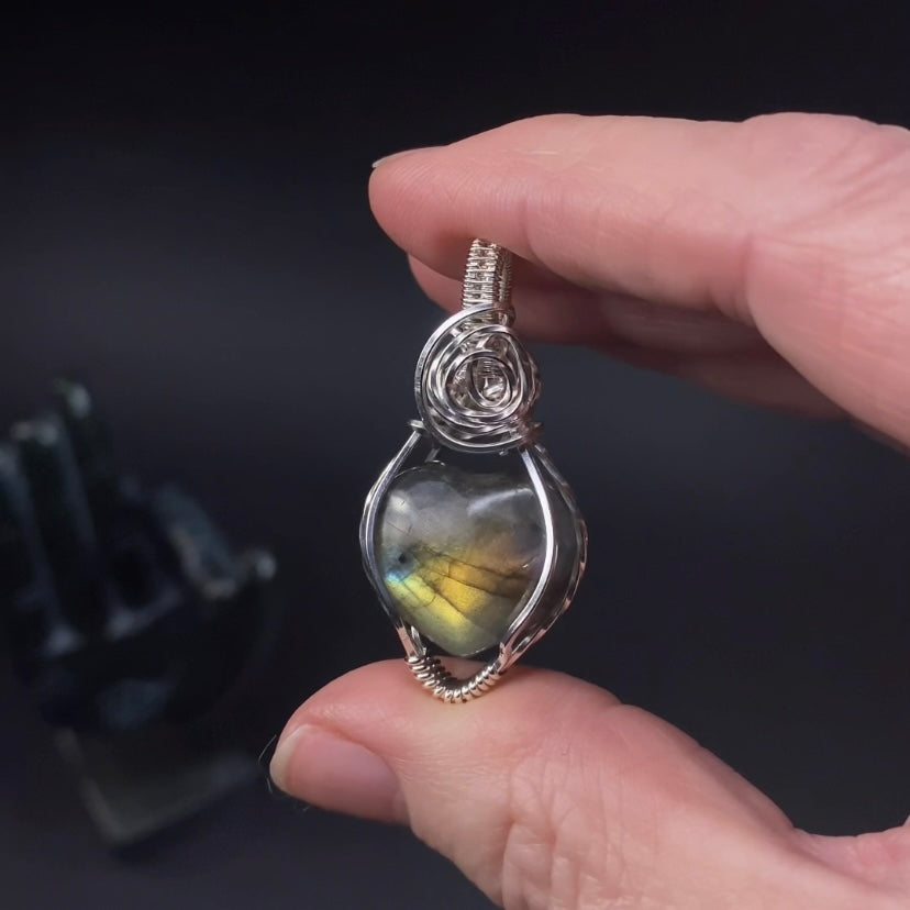 Labradorite Heart and Sterling Silver Wire Wrapped Pendant - Reversible