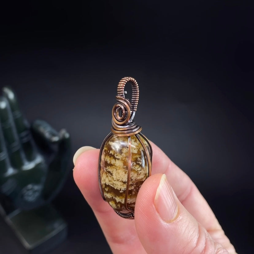 Sumatran Zebra Amber and Copper Wire Wrapped Pendant