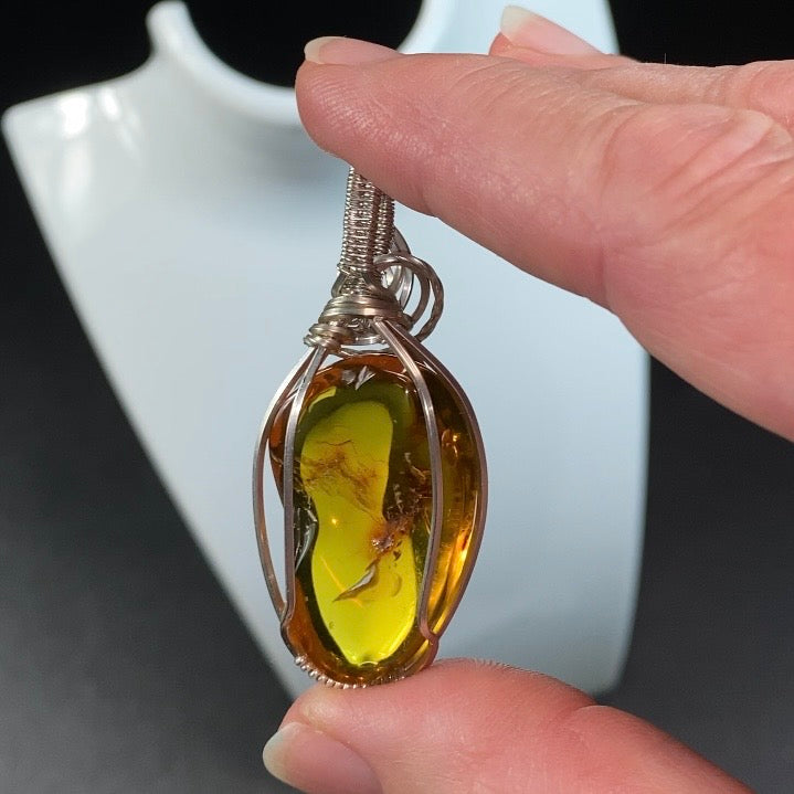 Chiapas Amber with Inclusions & Tarnish Resistant Argentium Silver Wire Wrapped Pendant