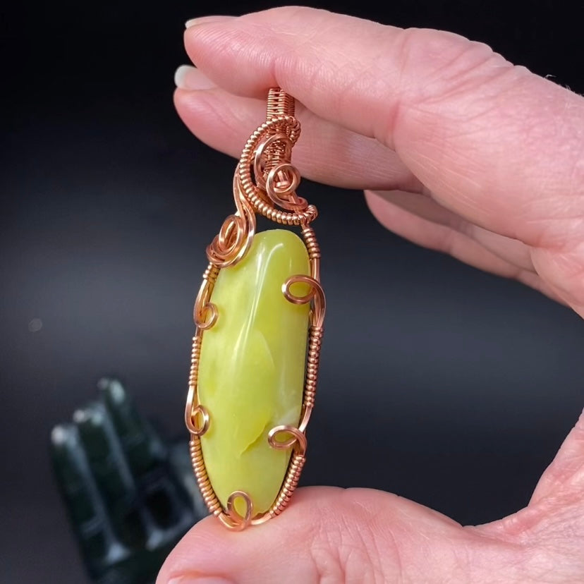 Noble Serpentine Healerite and Raw Copper Wire Wrapped Pendant
