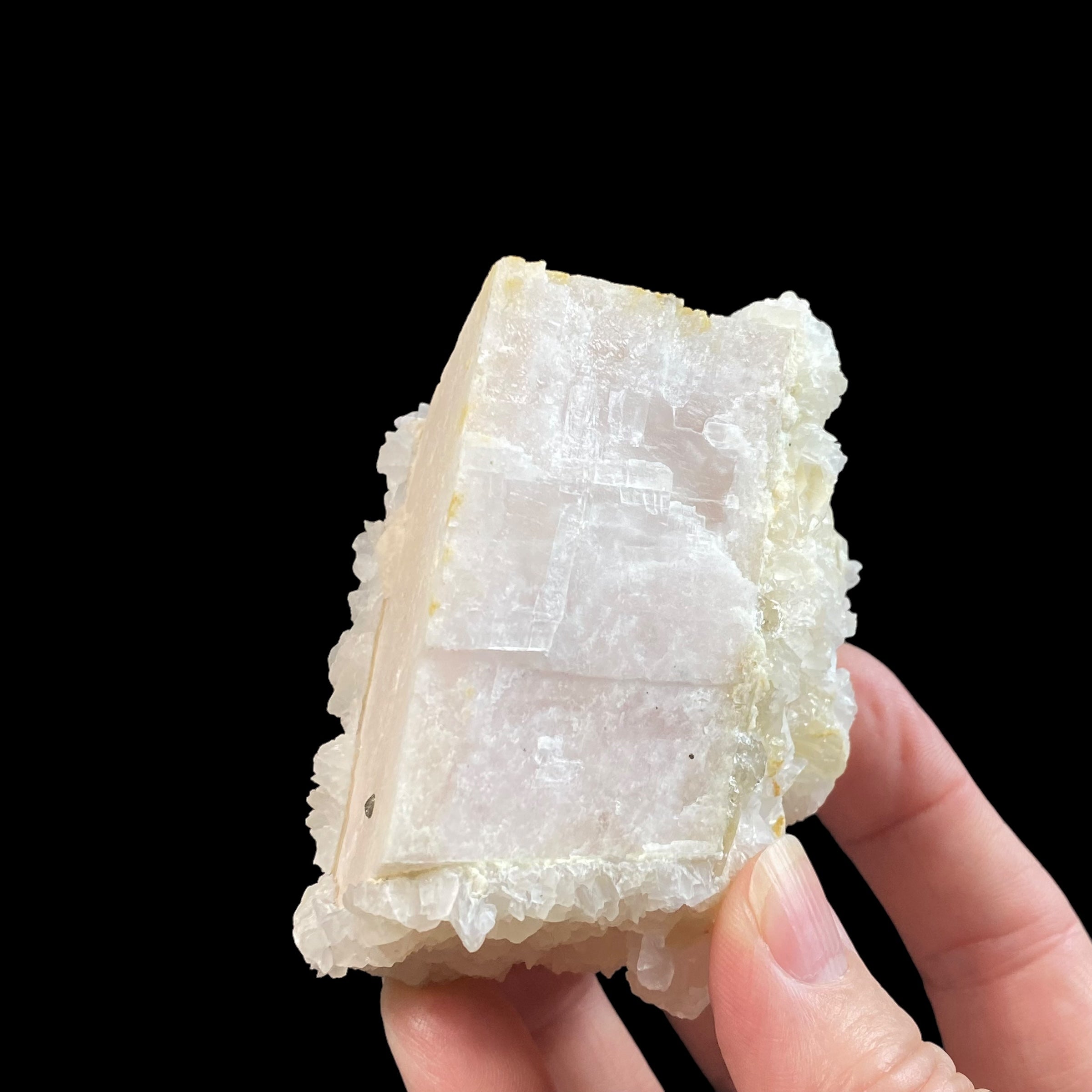 Fluorescent Mangano Calcite Covered in Clear Light Pink Calcite Crystals from Kosovo