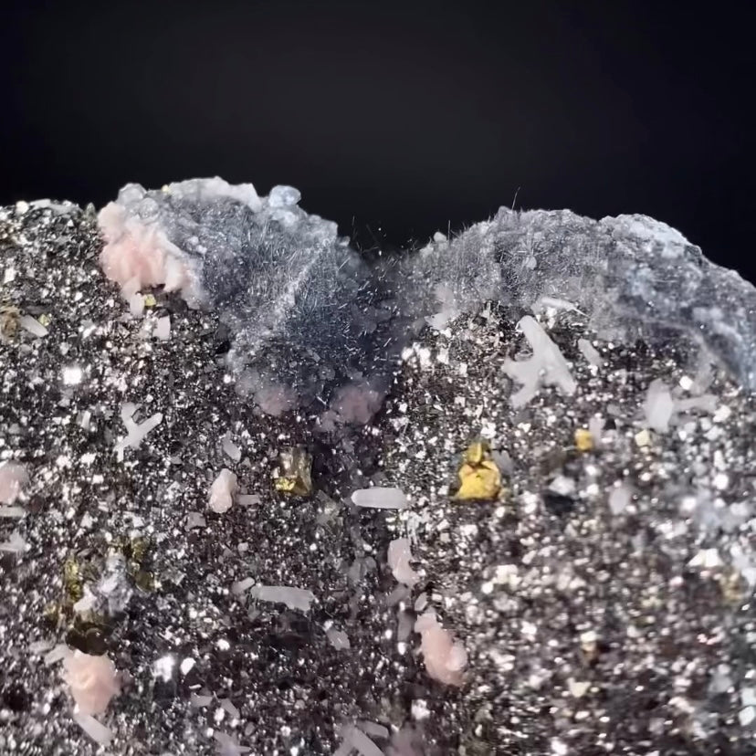 Rhodochrosite Rosettes on Arsenopyrite, with Sphalerite, Pyrite, Boulangerite, Milky Quartz Crystals  & Calcite from Trepça Mines, Kosovo