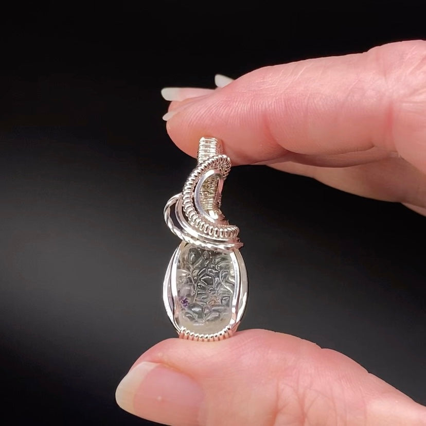 Hyalite Opal with Purple Fluorite Inclusions & Sterling Silver Wire Wrapped Pendant