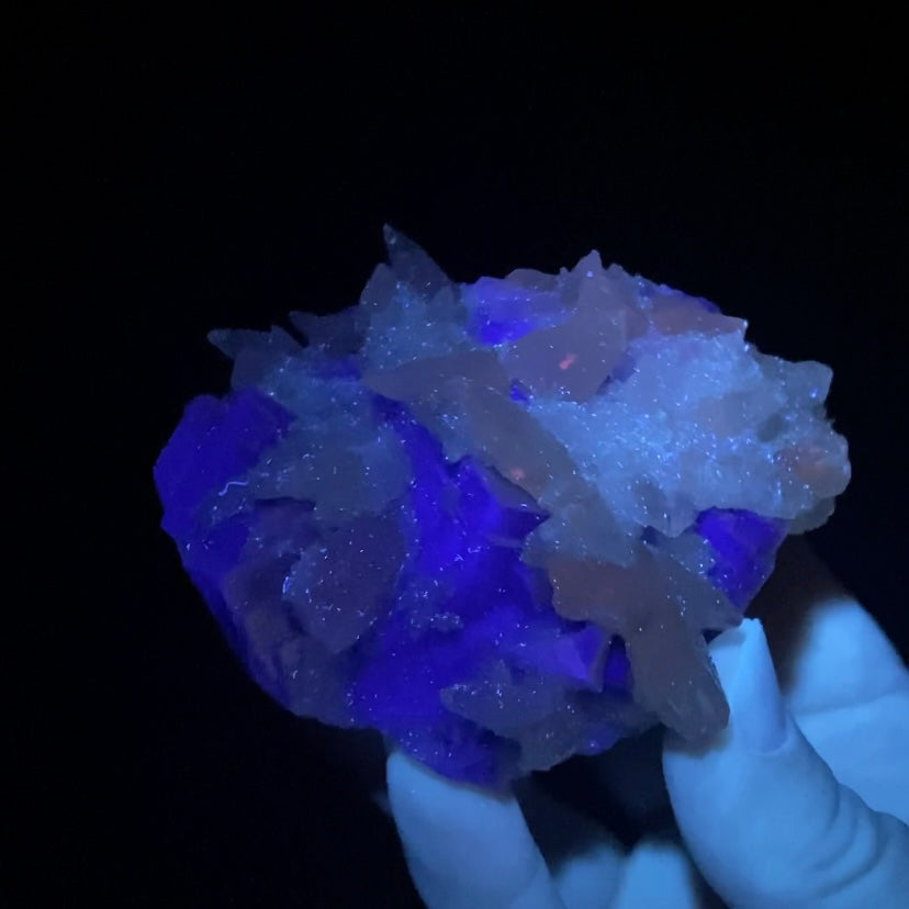 Dog Tooth Calcite on Blue Purple Fluorite Matrix, UV Reactive, Fluorescent