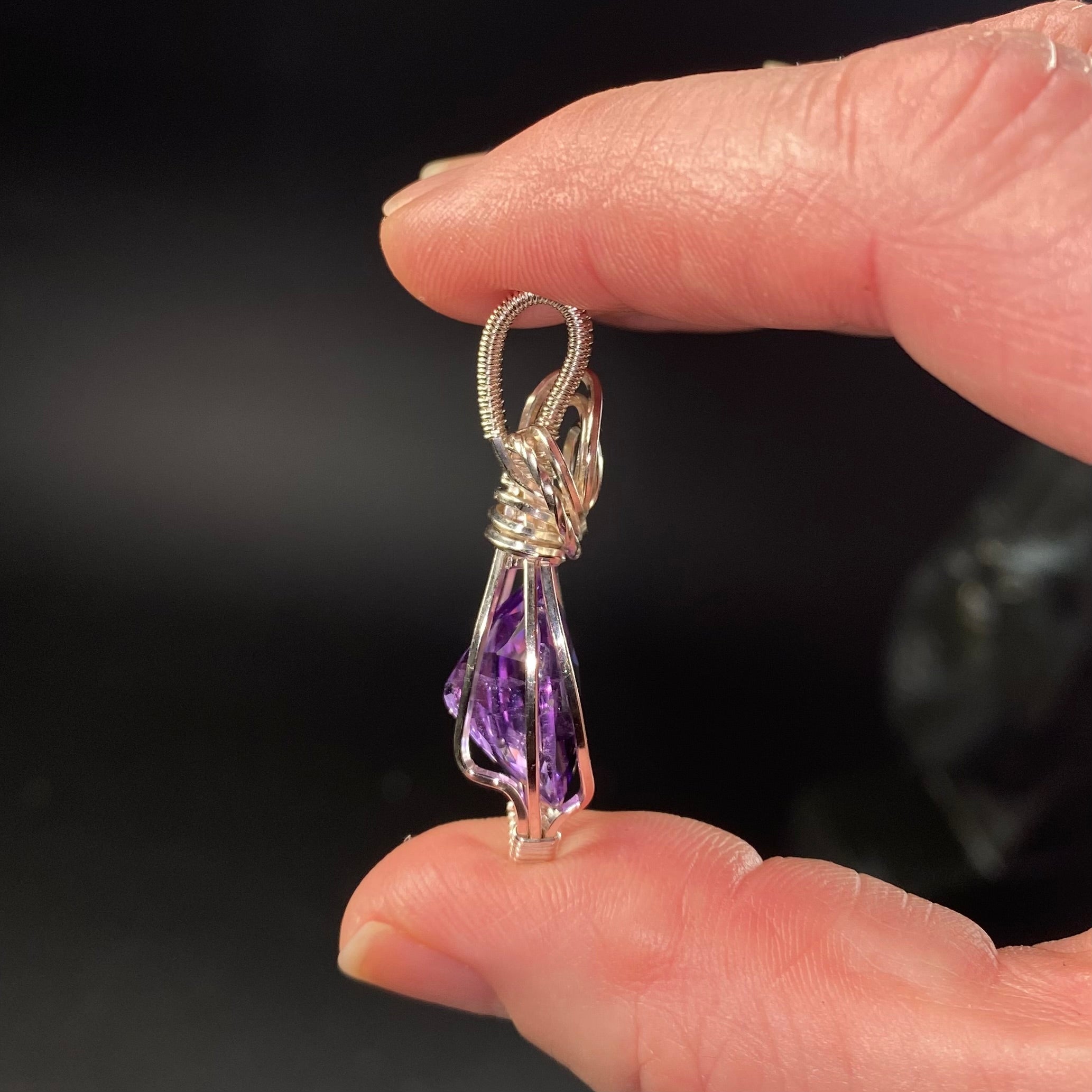 Amethyst Faceted Stone and Sterling Silver  Wire Wrapped Pendant