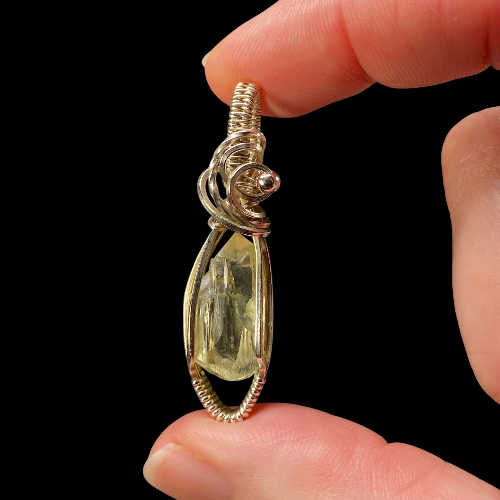 Yellow Spodumene Triphane Kunzite Crystal & Sterling Silver Handmade Wire Wrapped Pendant