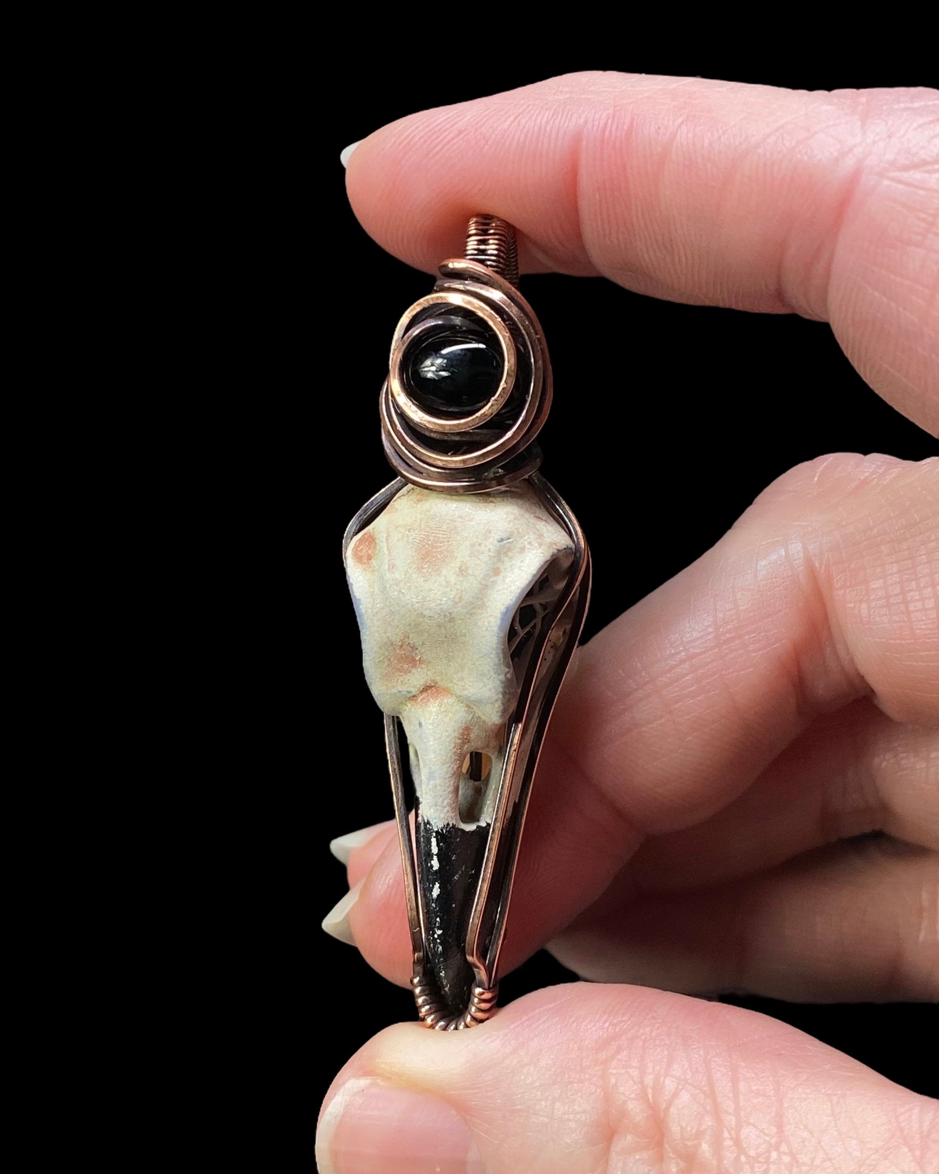 Resin Raven Skull & Copper Wire Wrapped Pendant with Black Onyx Accent Stone