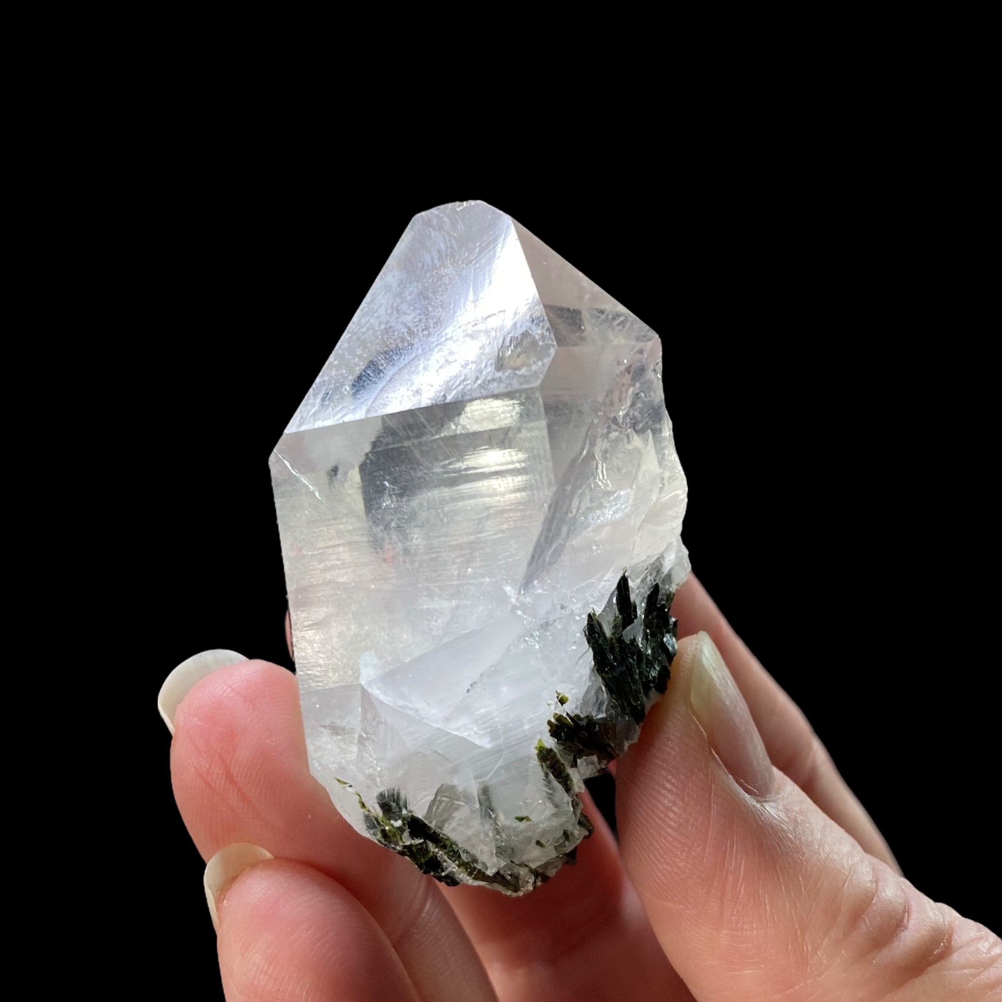 Quartz Crystal with Dark Green Epidote Crystals & Byssolite