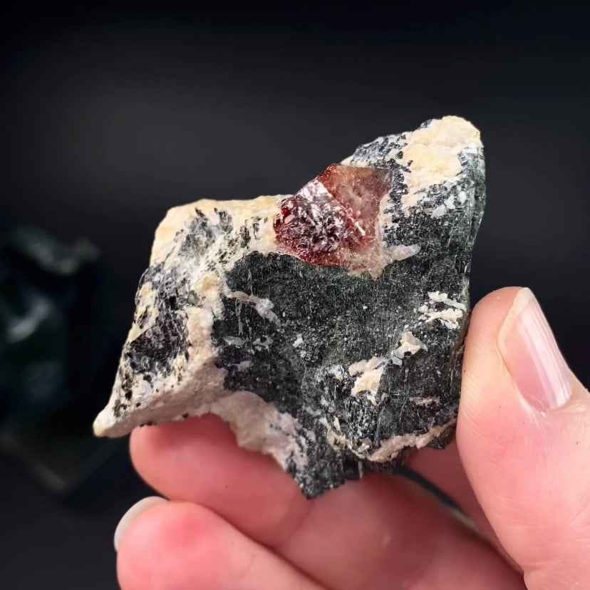 Zircon Crystal with Fluorescent Apatite Inclusions, Biotite-Calcite Aegirine matrix, Astore Valley, Pakistan