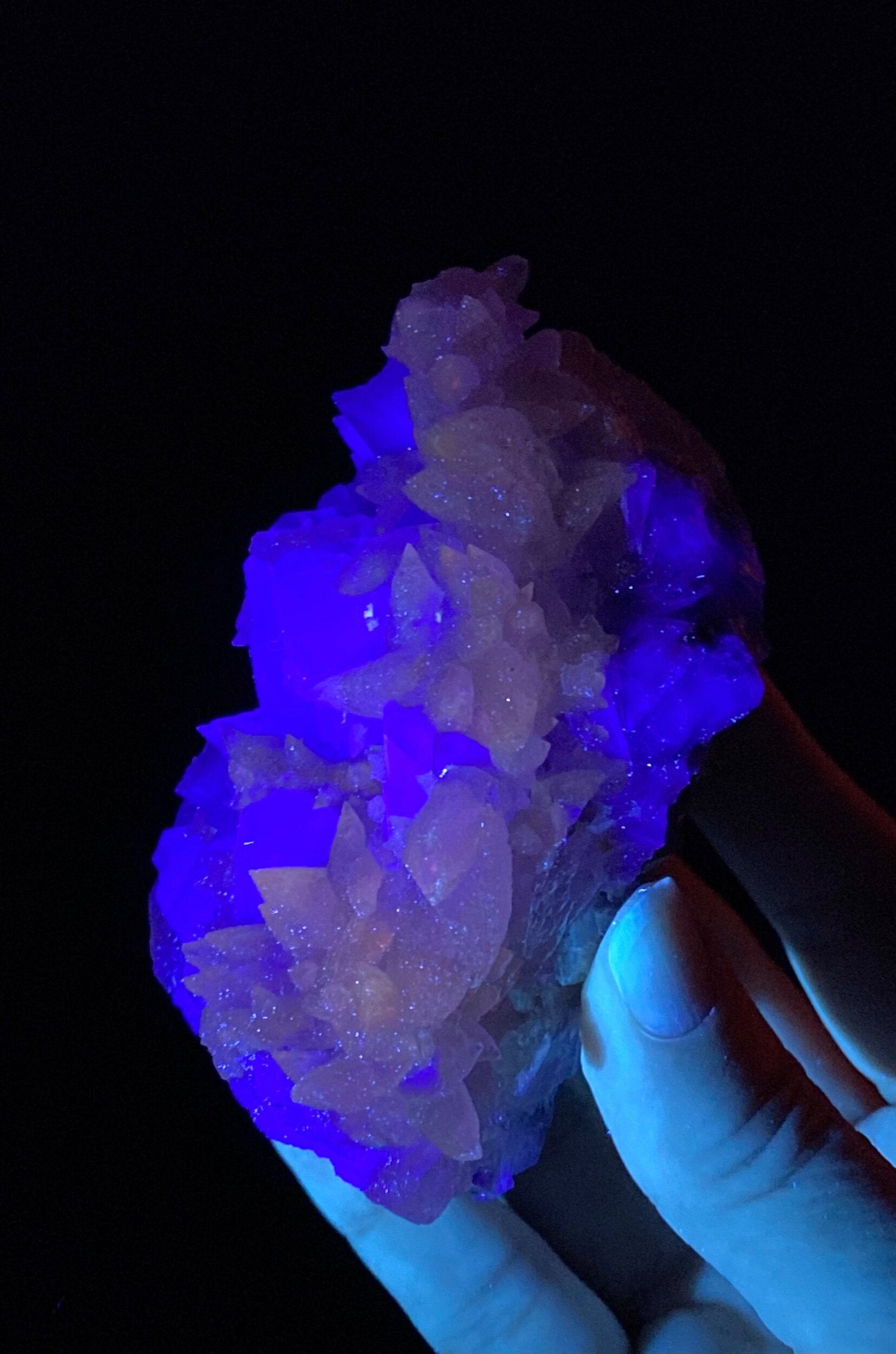 Dog Tooth Calcite Cluster on Blue / Purple Fluorite Matrix - UV Reactive - Fluorescent 365 nm Long Wave