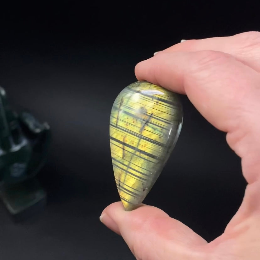 Yellow Orange Flash Teardrop Shaped Labradorite Cabochon