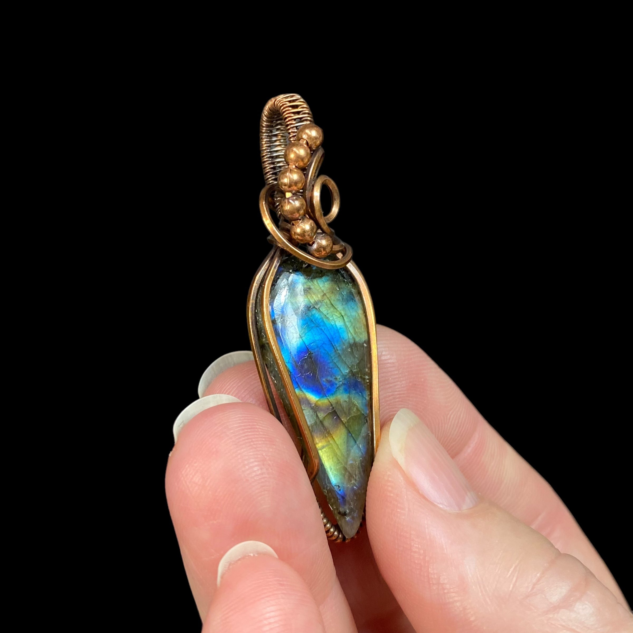 Labradorite Cabochon Wire Wrap Pendant - Oxidized Copper Wire