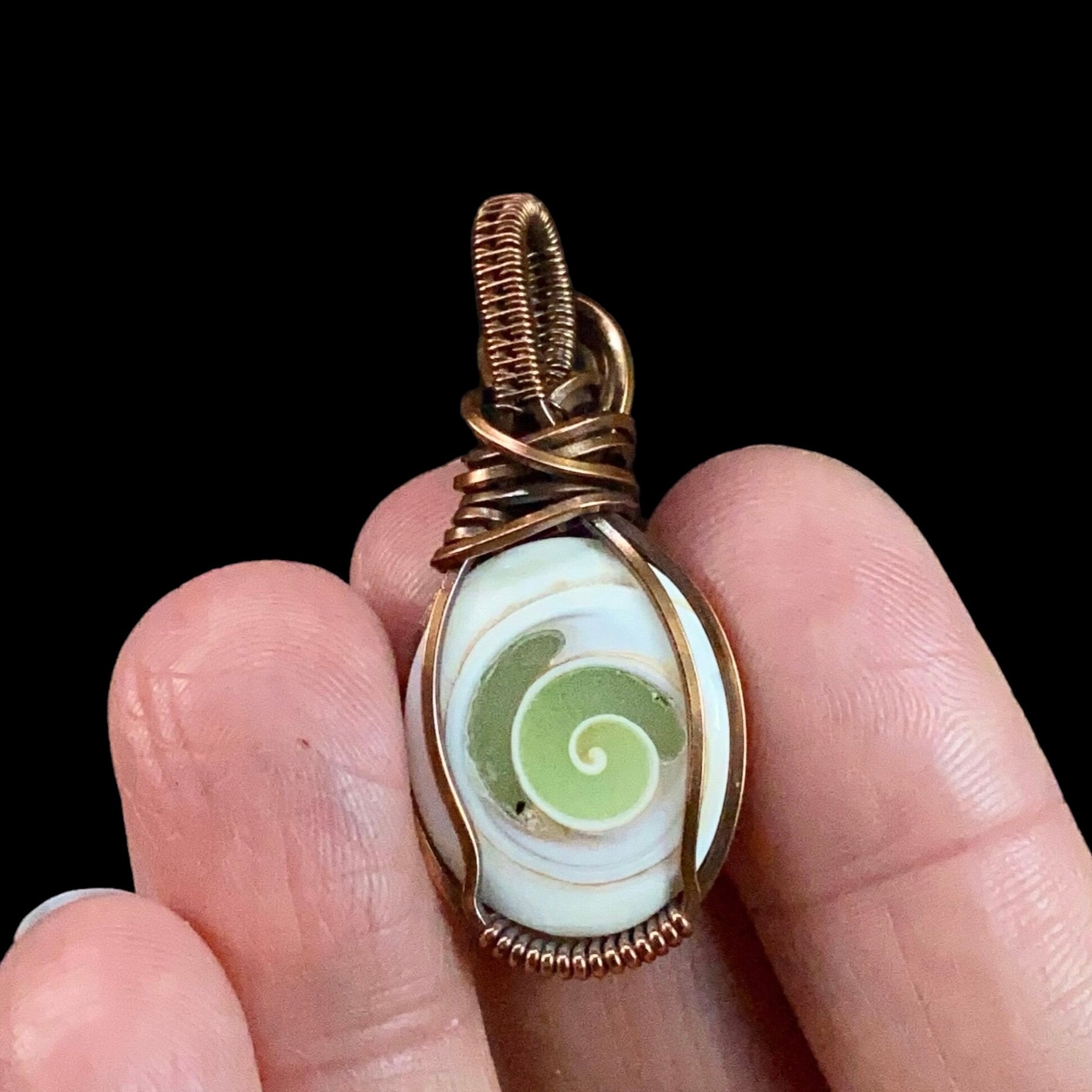 Phosphorescent Gastropod & Copper Wire Wrapped Pendant