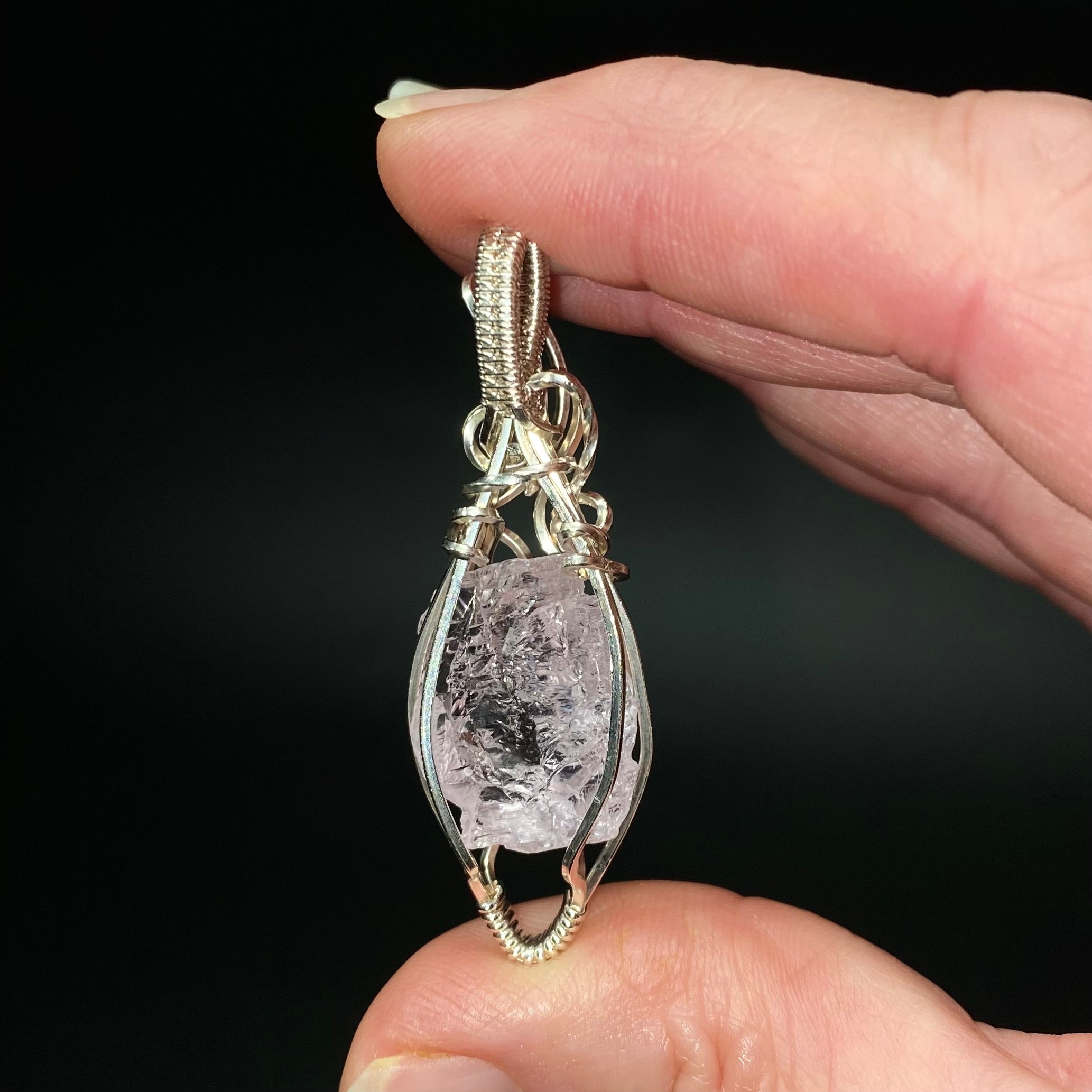 Fluorescent Spodumene Kunzite & Sterling Silver Wire Wrapped Pendant