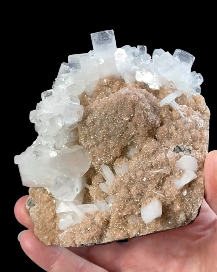 Clear Apophyllite Crystals with Peach Stilbite & Okenite on Basalt Matrix