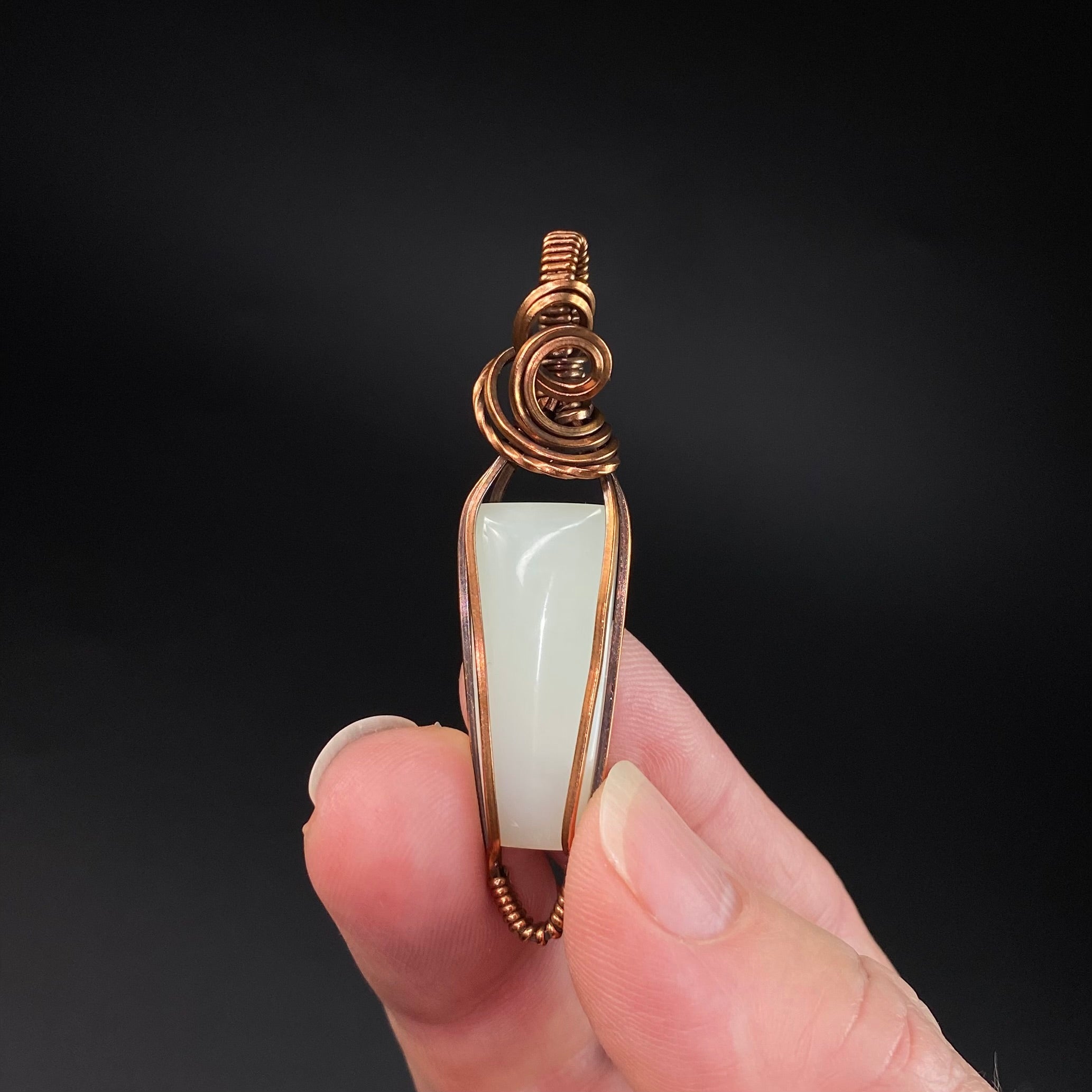 Green Common Opal and Copper Wire Wrapped Pendant