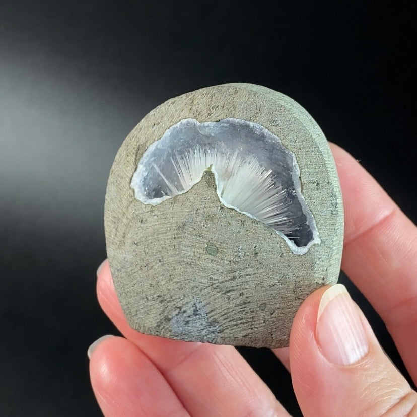 Scolecite Spray with Quartz & Stilbite in Trimmed Basalt Geode Pocket