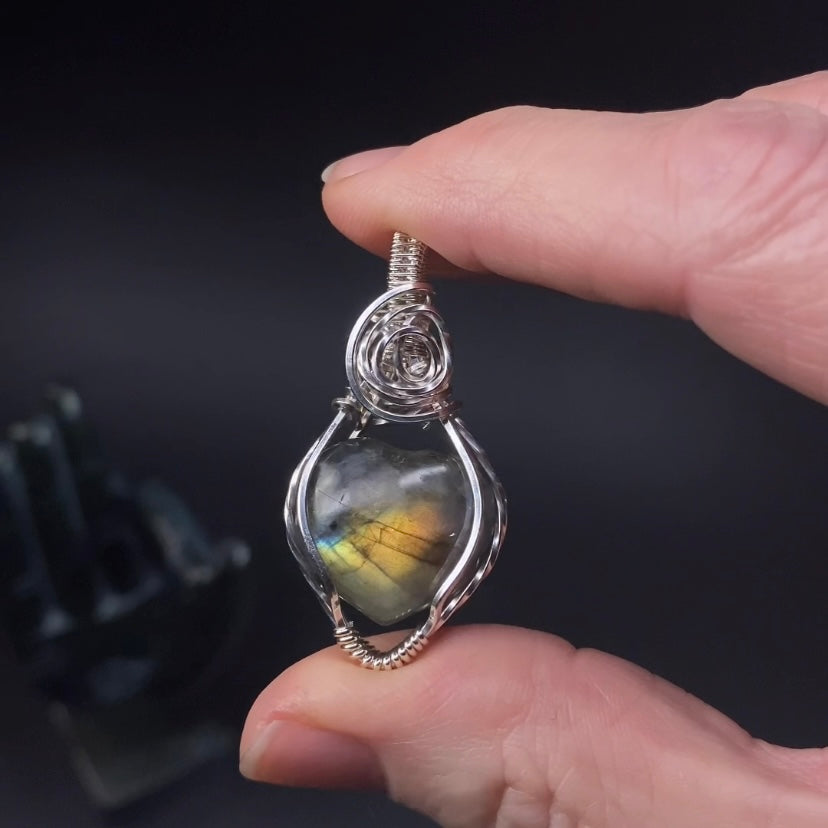 Labradorite Heart and Sterling Silver Wire Wrapped Pendant - Reversible