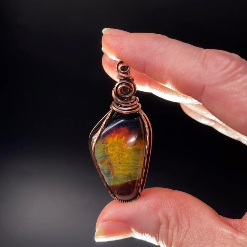 Honey Brown Sumatran Amber and Copper Wire Wrapped Pendant