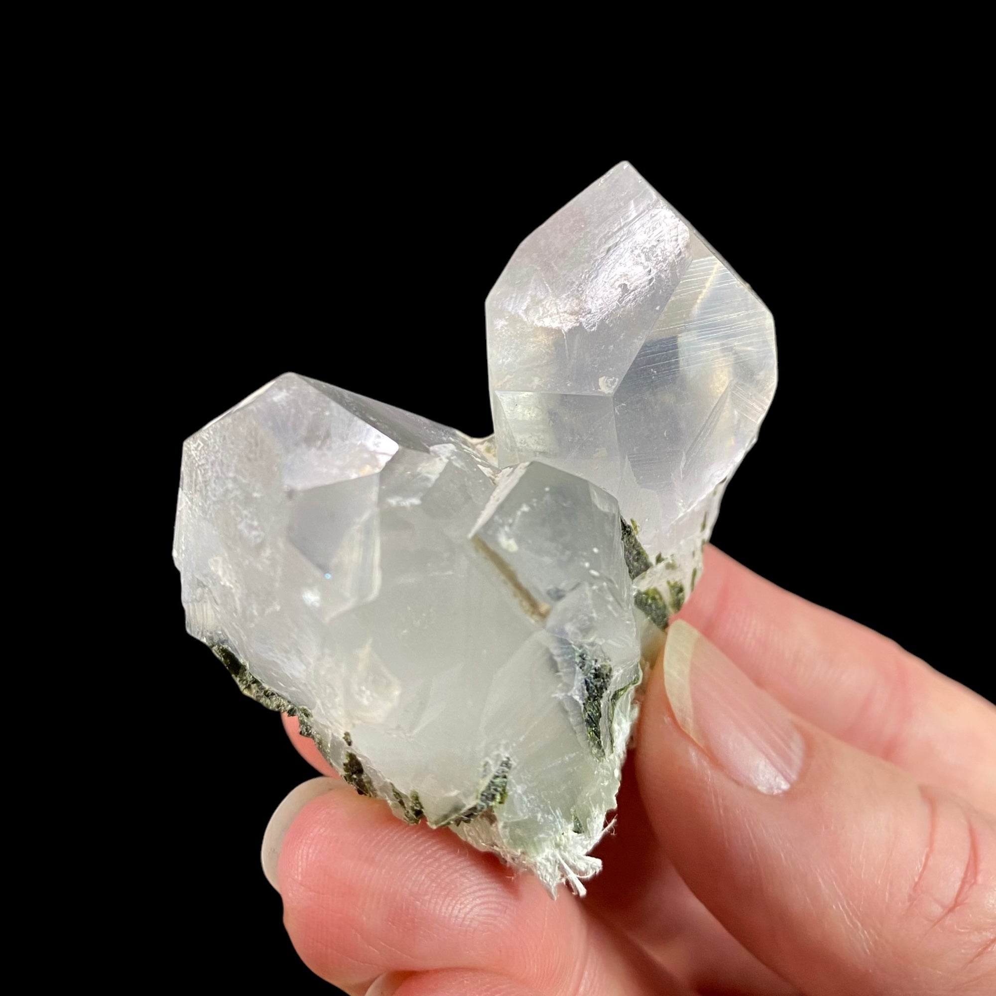 Quartz Crystal Cluster with Dark Green Epidote Crystals & Byssolite