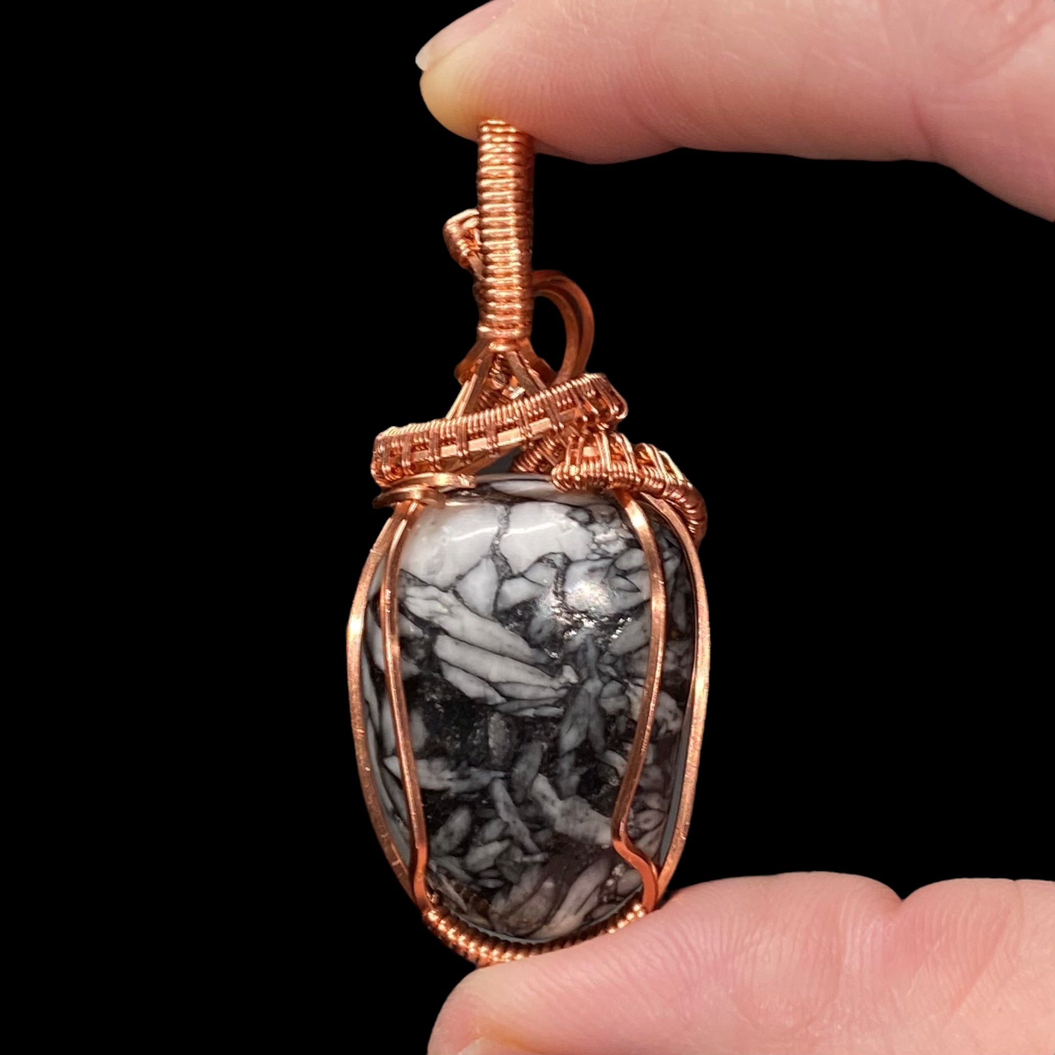 Pinolith Polished Tumble Stone & Raw Copper Wire Wrapped Pendant