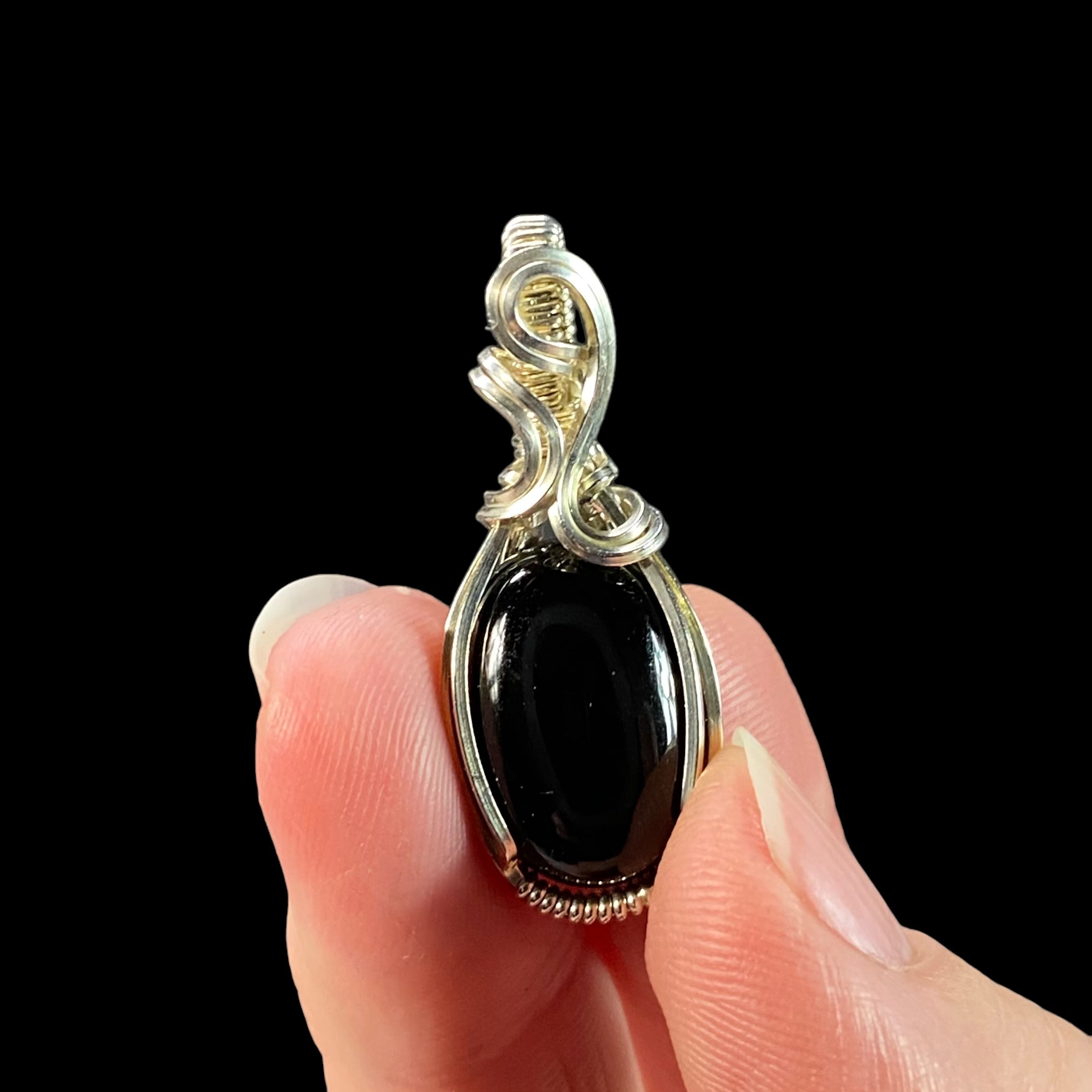 Obsidian and Tarnish Resistant Argentium Silver Wire Wrapped Pendant