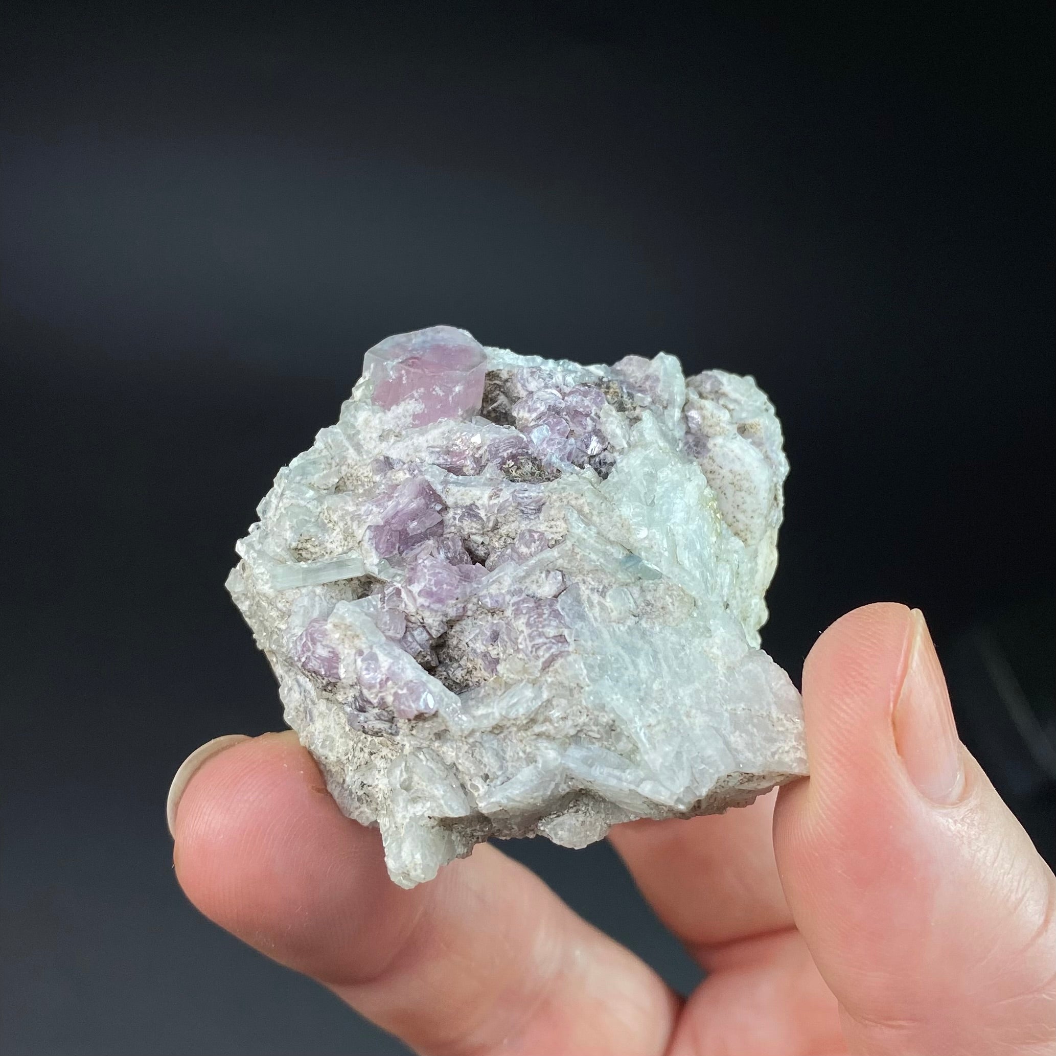 Pale Green & Pink Watermelon Tourmaline Crystal with Lepidolite & Cleavelandite