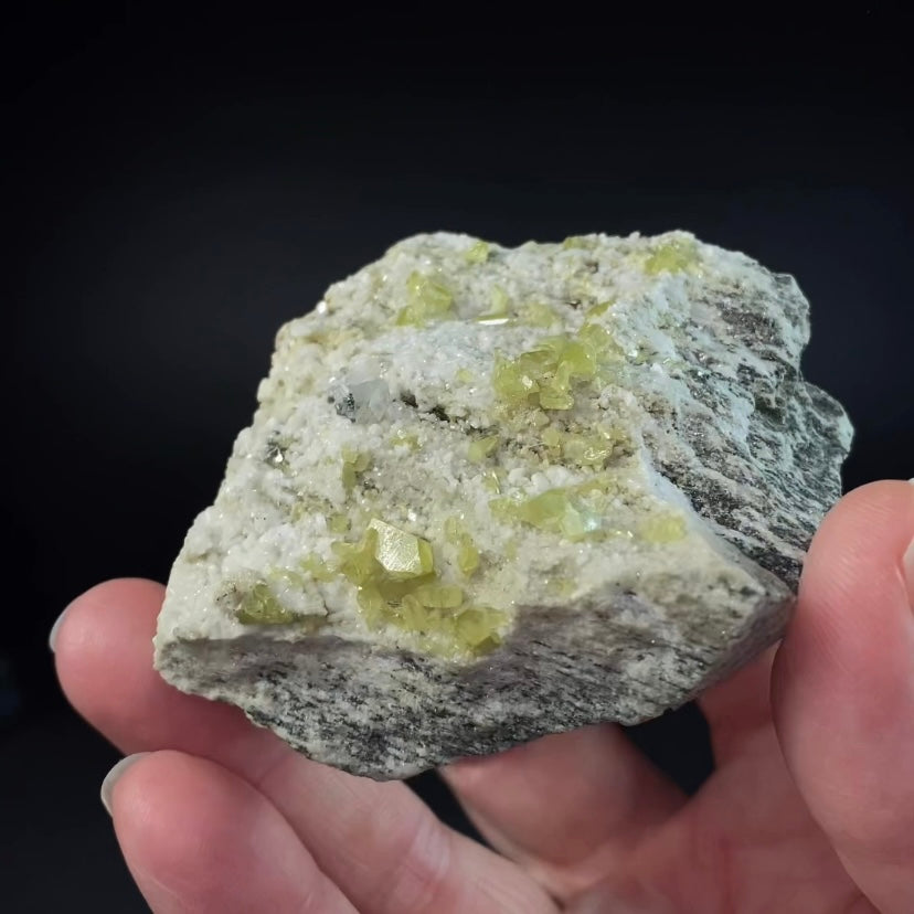 Yellow Colored Titanite Crystals on Albite and Colusite Matrix