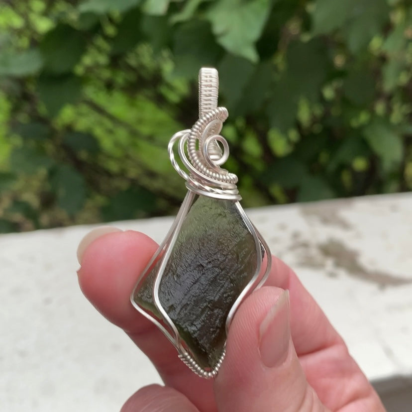 Genuine Moldavite Wire Wrapped Pendant in Sterling Silver Wire