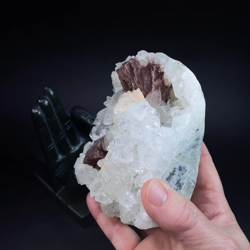 Red Brown Heulandite Fan with Clear Apophyllite Crystals & Stilbite in a Trimmed Pocket of Volcanic Basalt Matrix