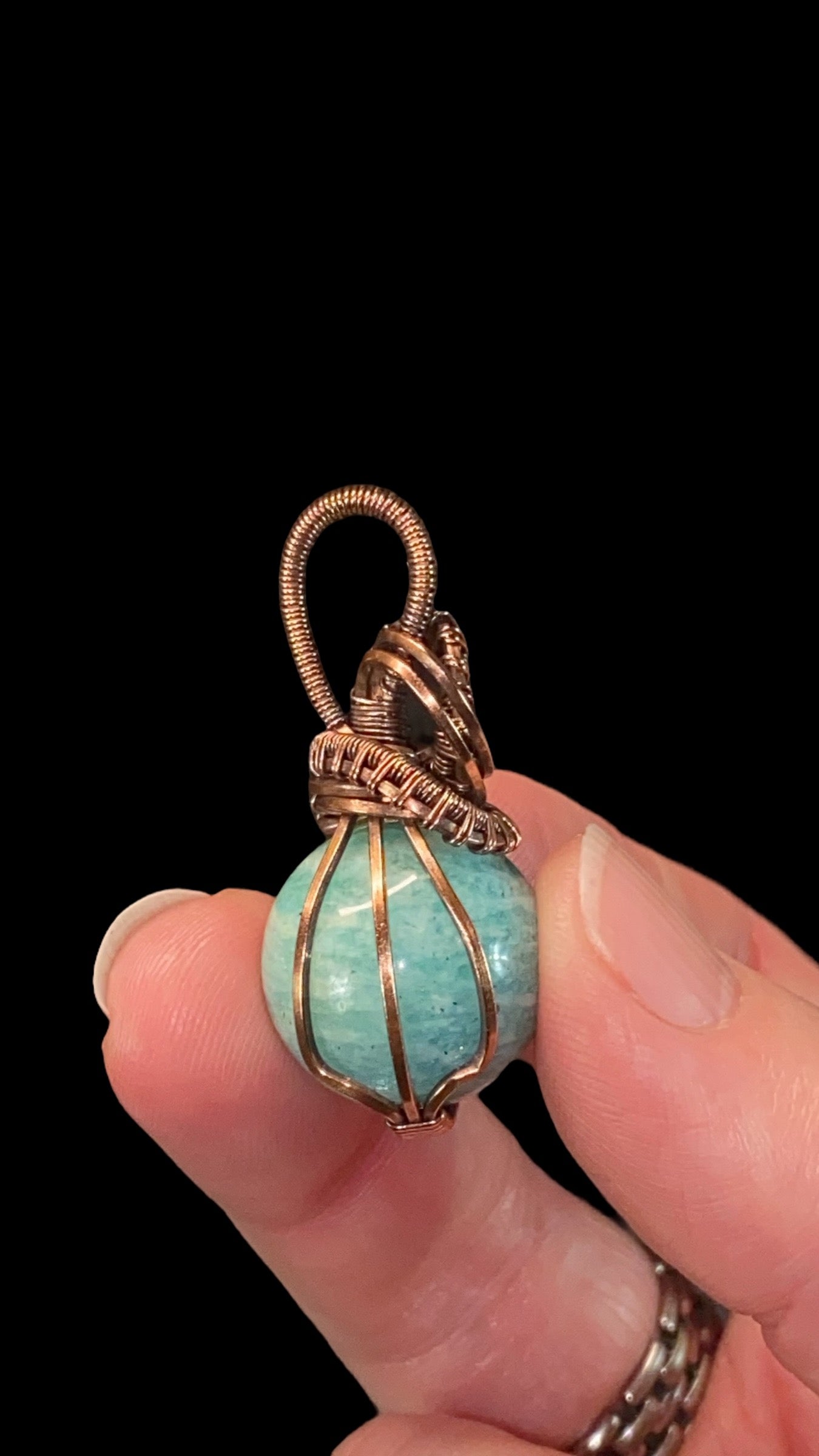 Amazonite Sphere and Copper Handmade Wire Wrapped Pendant