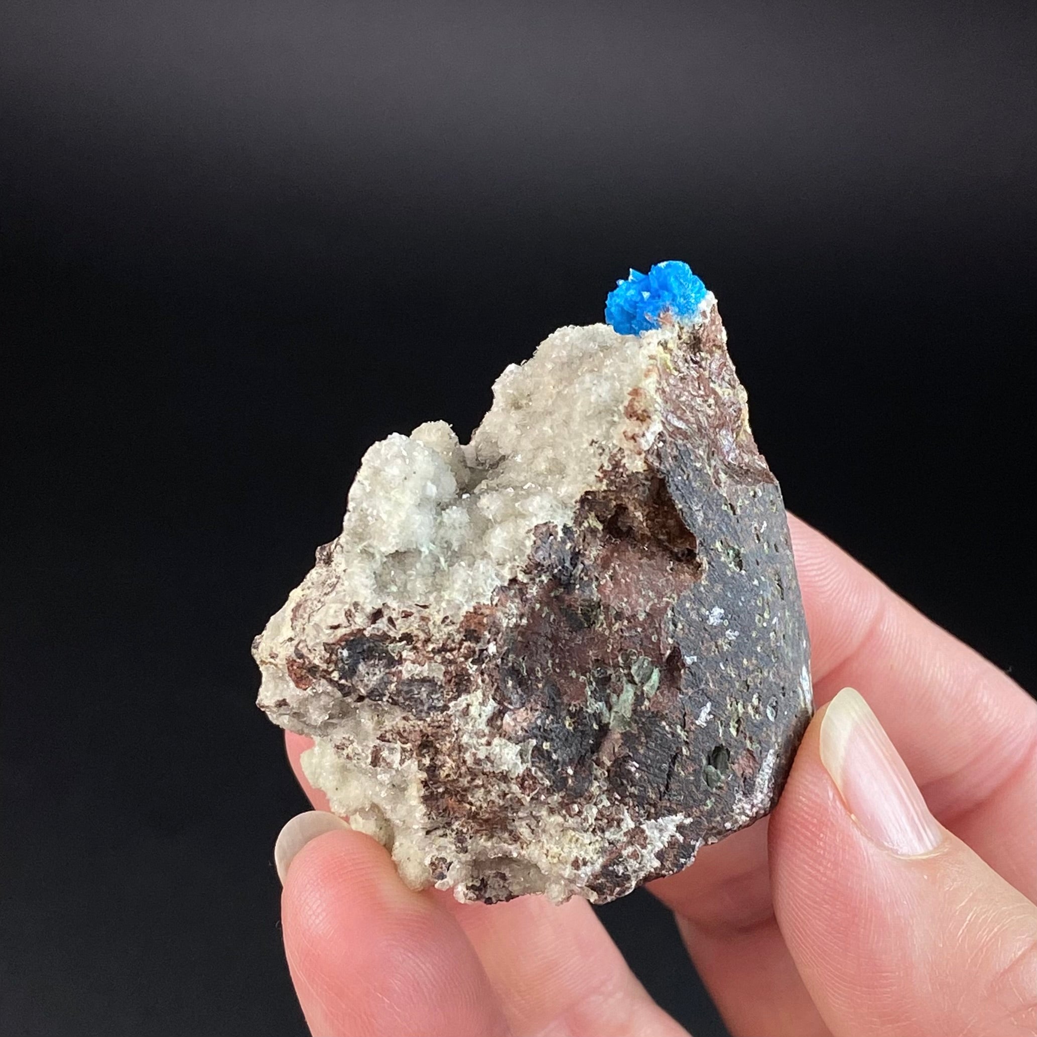 Vibrant Blue Cavansite Cluster on Druzy Stilbite & Basalt Matrix