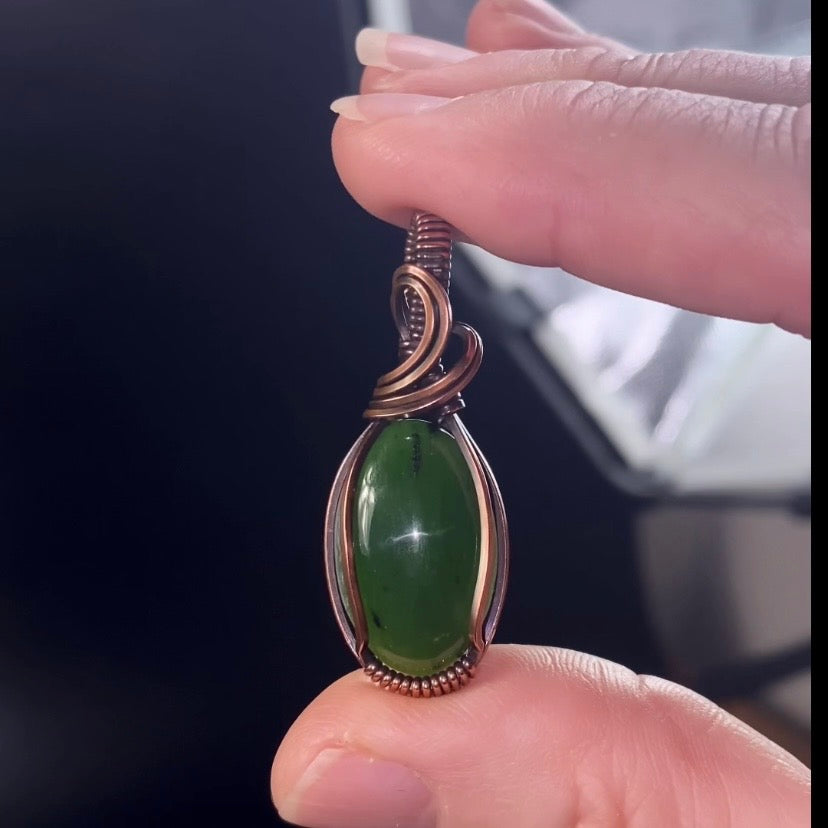 Nephrite Jade & Copper Wire Wrapped Pendant