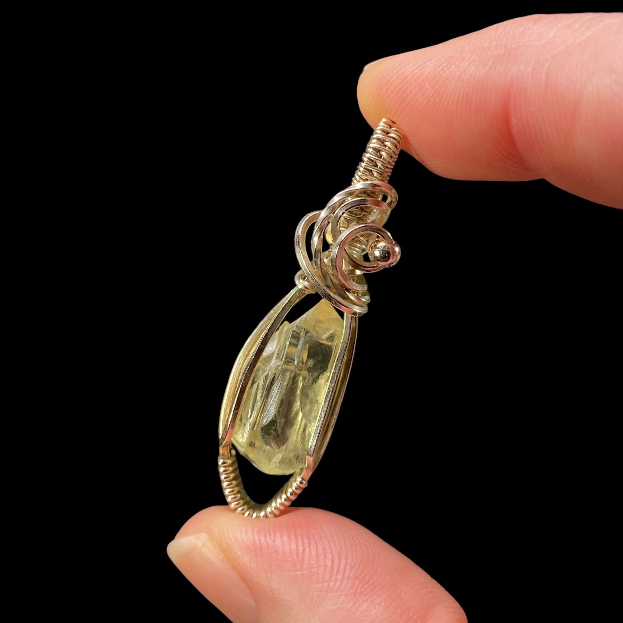 Yellow Spodumene Triphane Kunzite Crystal & Sterling Silver Handmade Wire Wrapped Pendant