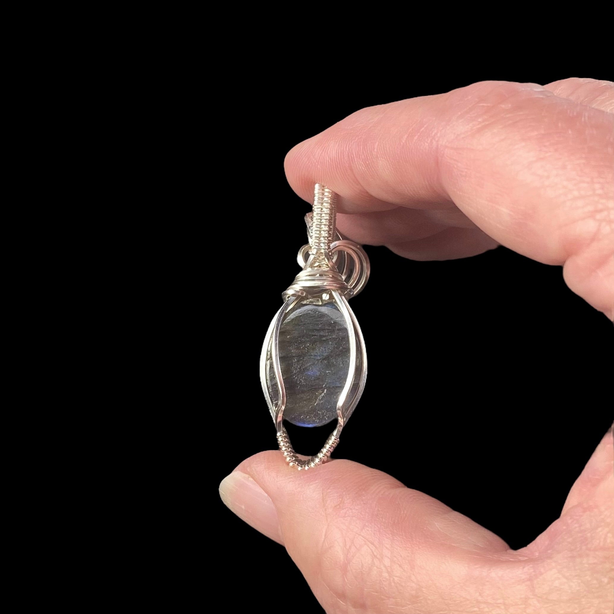 Blue Flash Labradorite and Sterling Silver Wire Wrapped Pendant, Natural Stone Crystal Jewelry
