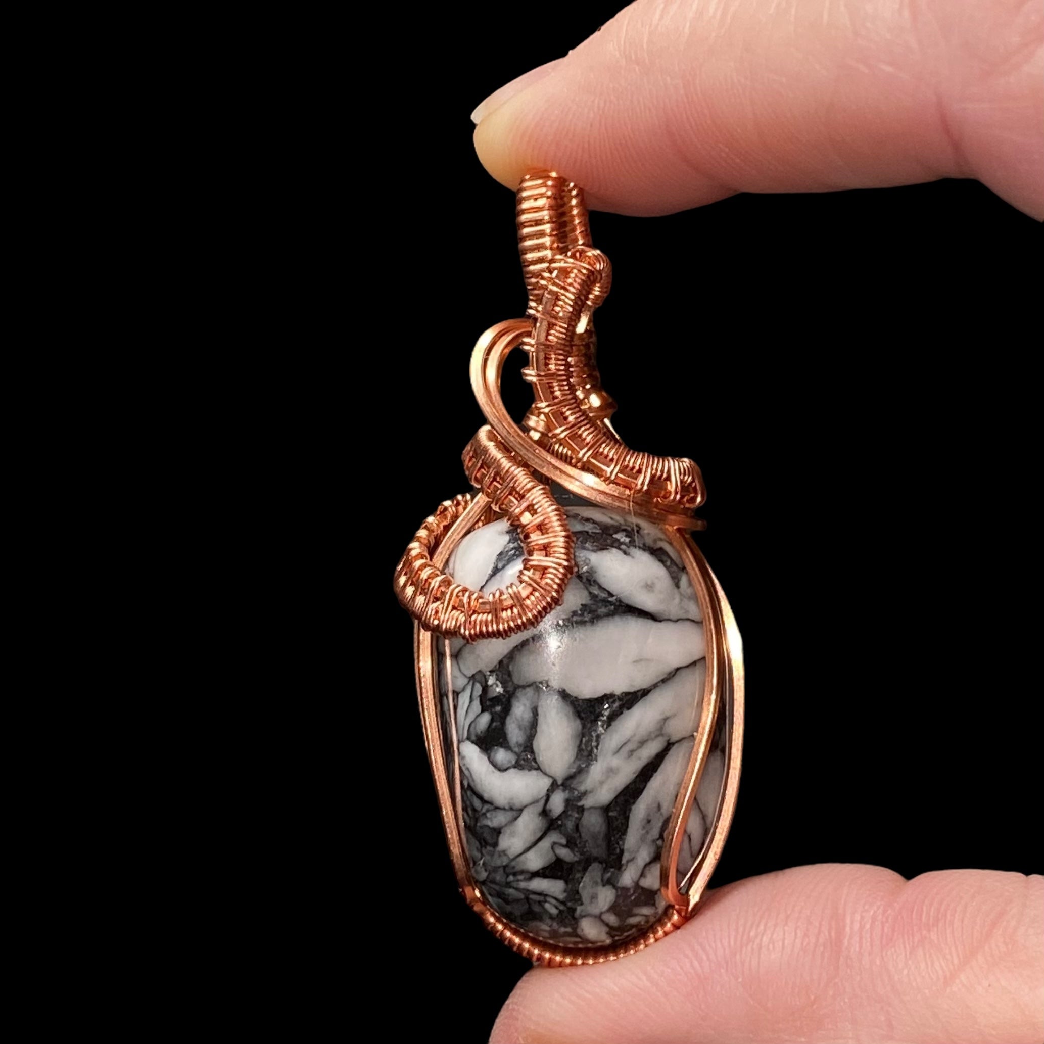 Pinolith Polished Tumble Stone & Raw Copper Wire Wrapped Pendant