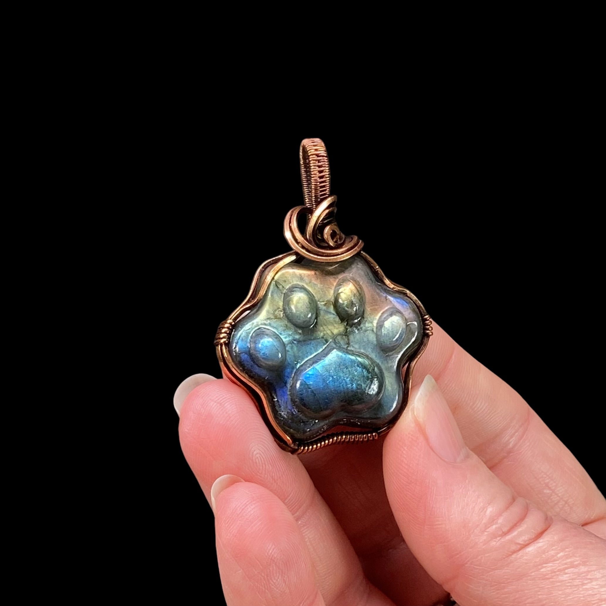 Labradorite Dog Paw Cabochon and Copper Wire Wrapped Pendant